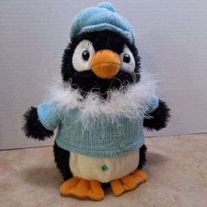 Aurora Pasha Penguin Plush 09441  9" Blue Sweater Green Jewel Pom Pom Hat